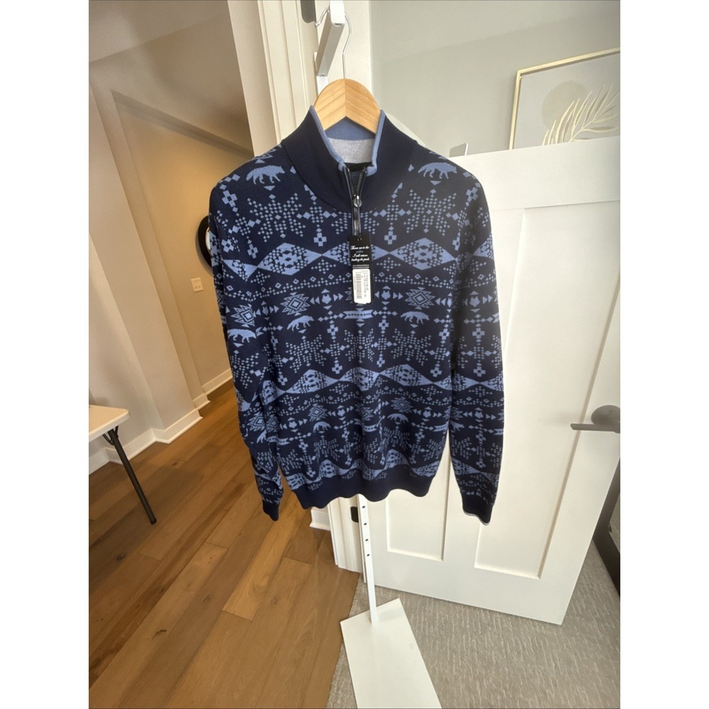 Greyson Wolf Fair Isle Quarter Zip Sweater Men's Medium Blue Winter Golf NWT - Picture 2 of 9